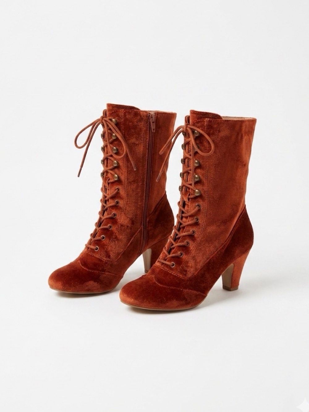 Victorian Vintage Chelsea Crew Burnt Orange Velvet Lace-Up Ankle Boots